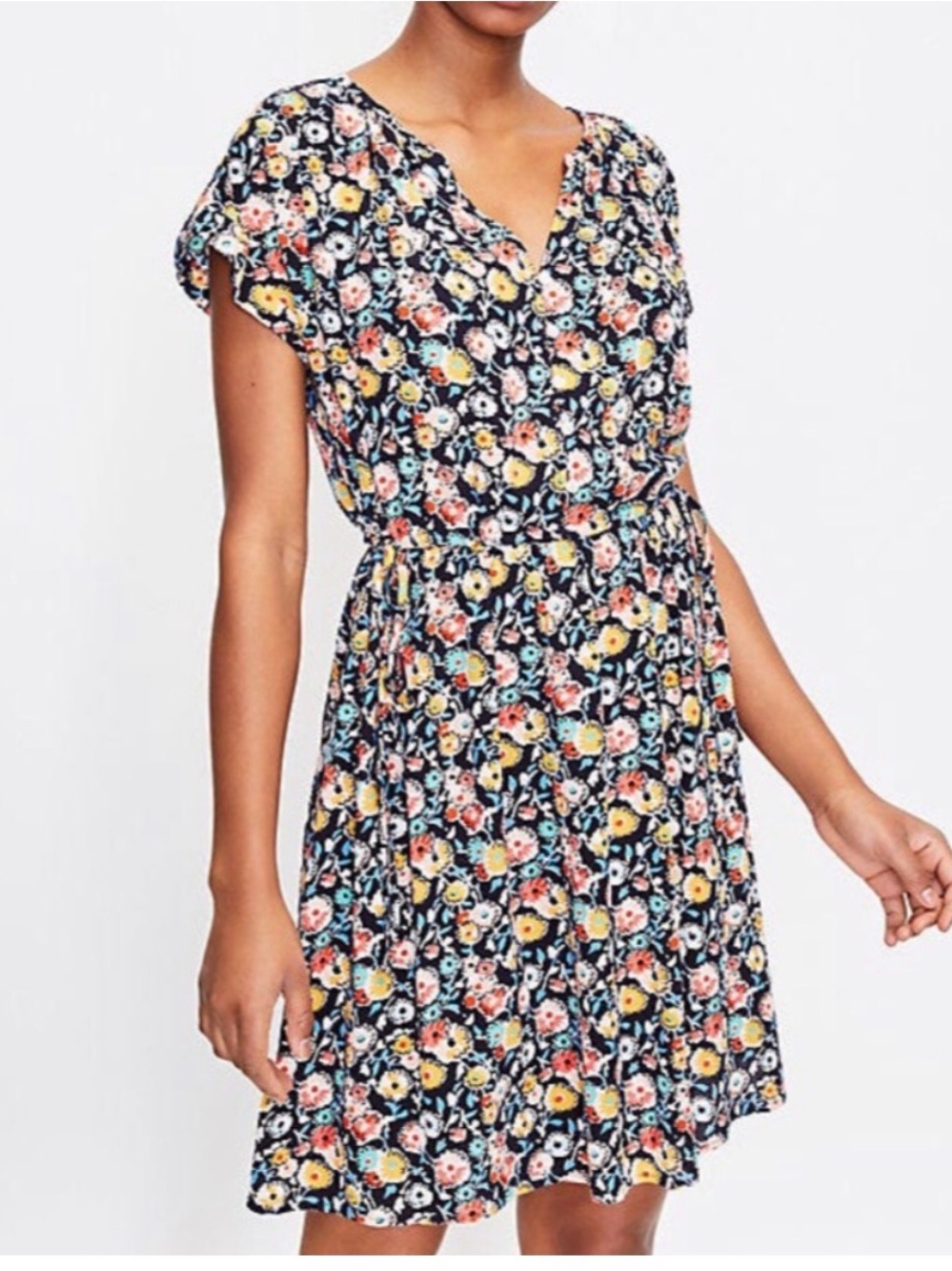 LOFT Navy Floral V-Neck Mini Dress